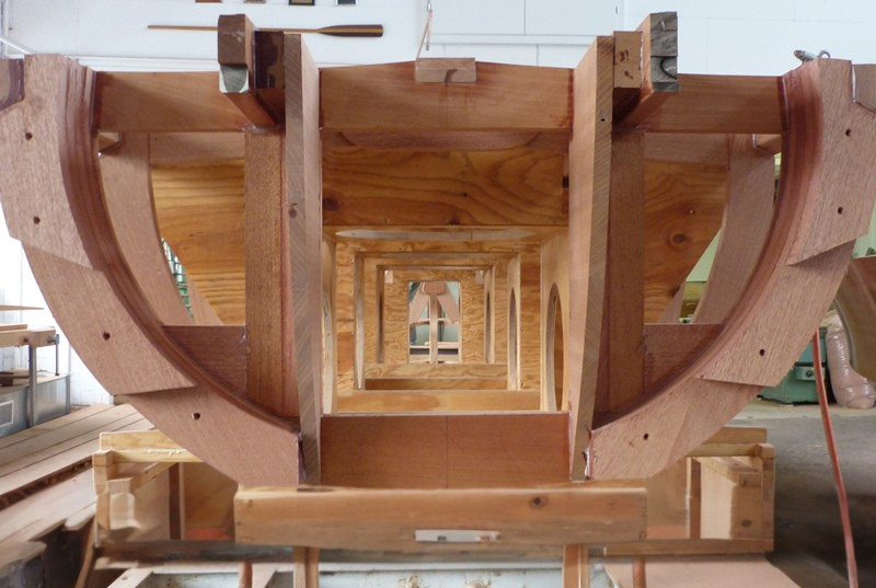 Woodline 800 – Structural Frame Construction Detail Structural wooden frame of the Woodline 800 luxury boat under construction at Würth Werft AG, showcasing precision joinery and Swiss craftsmanship.